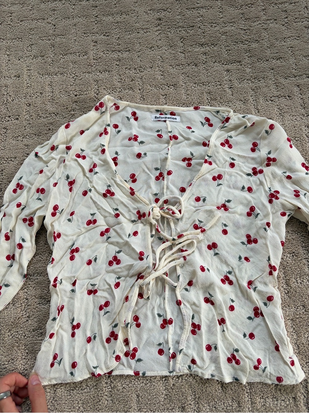 Reformation Cream Lace-Up Cherry Print Blouse